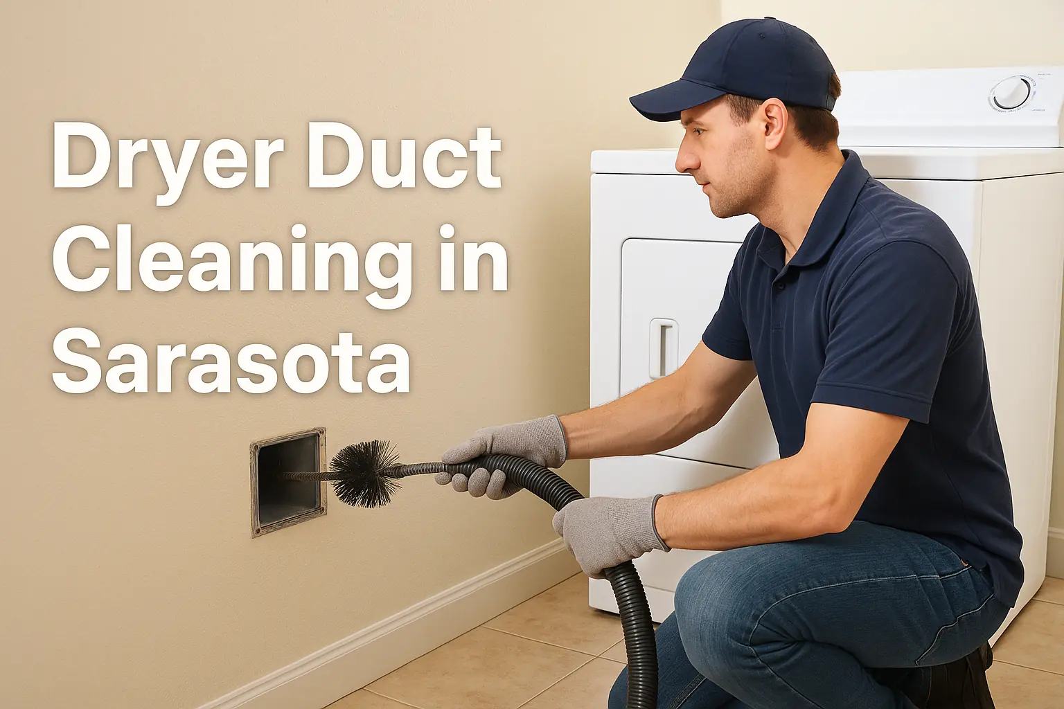 Technician performing dryer duct cleaning in Sarasota with professional tools, cover image with title text